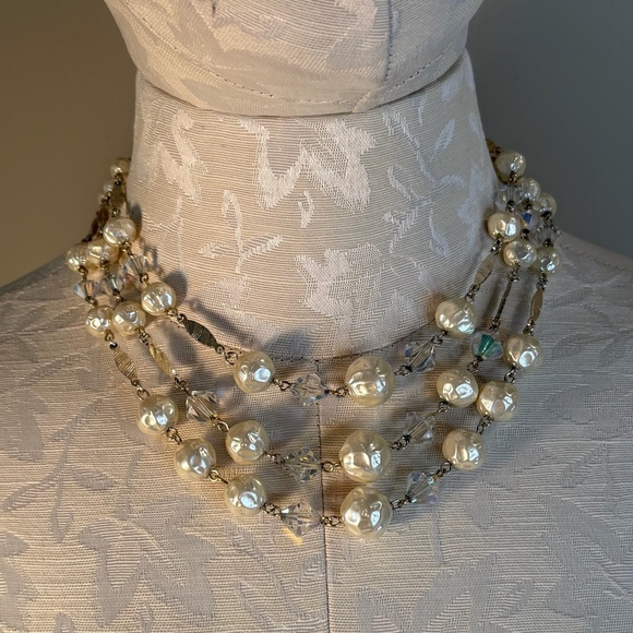 Vtg Japan Crystal and Faux Pearl Silvertone Triple Strand Necklace - Picture 2 of 16